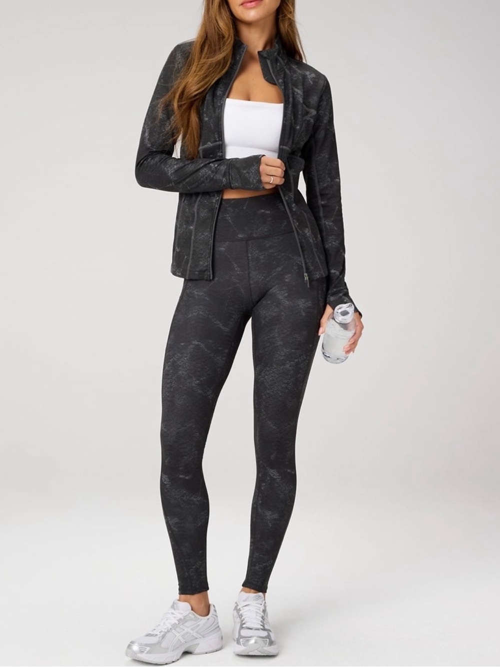 Fabletics Black Marble-Print High-Waist Leggings and top.